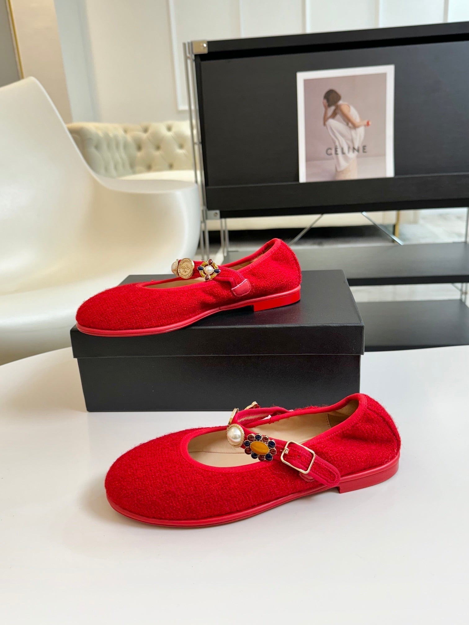 CHANEL MARY JANE SHOES CHERRY RED WOOL TWEED