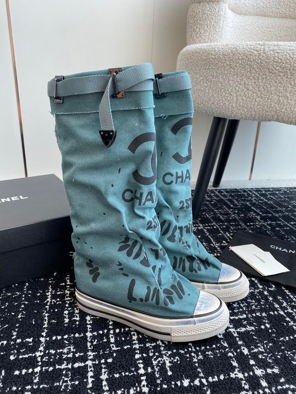 CHANEL HIGH BOOTS IN SAPPHIRE BLUE CANVAS