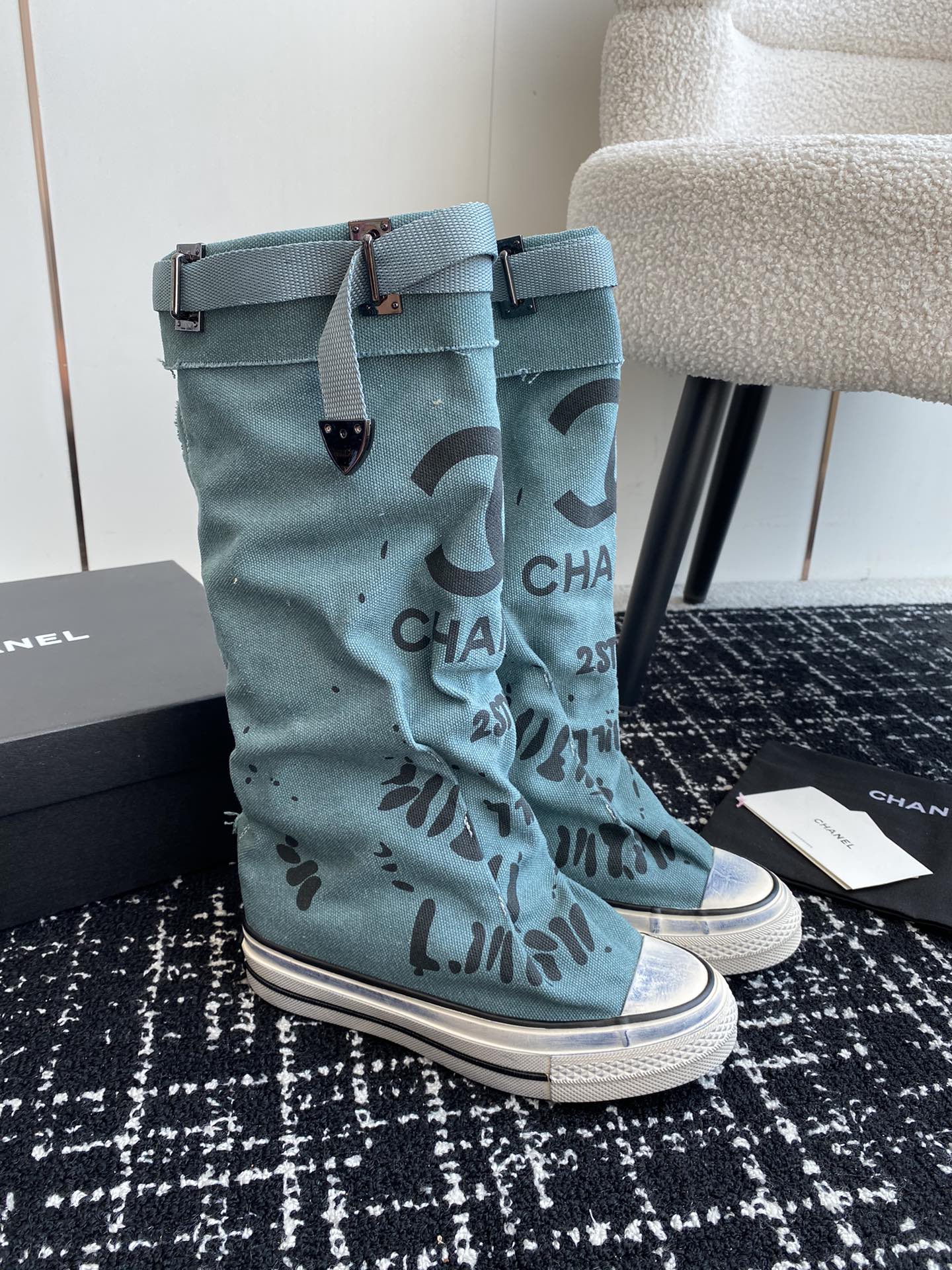 CHANEL HIGH BOOTS IN SAPPHIRE BLUE CANVAS