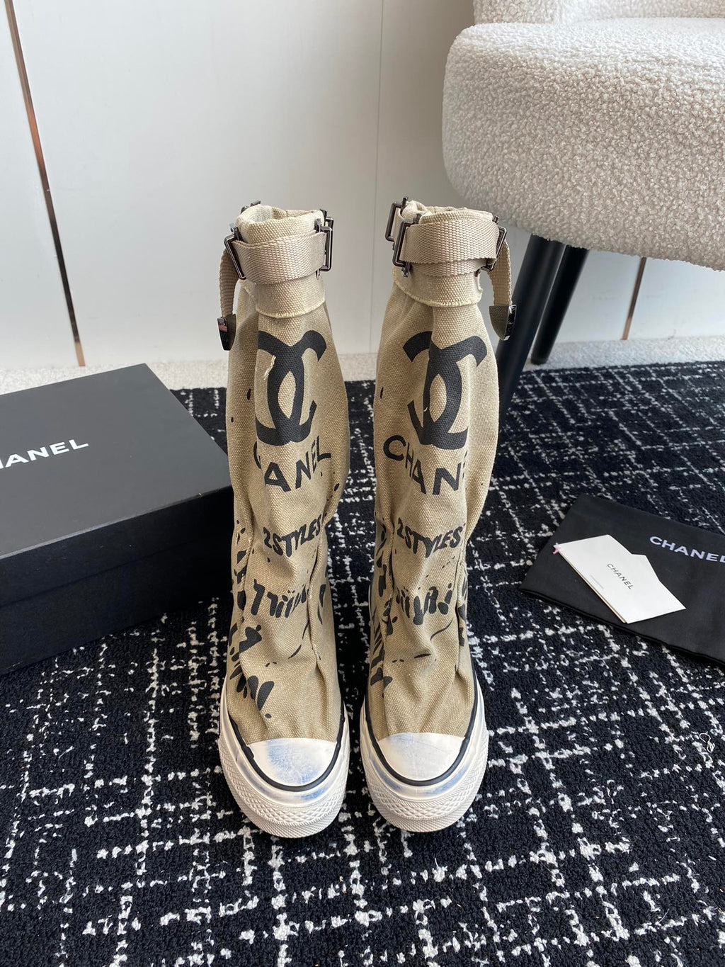 CHANEL HIGH BOOTS IN TORTILLA BROWN CANVAS