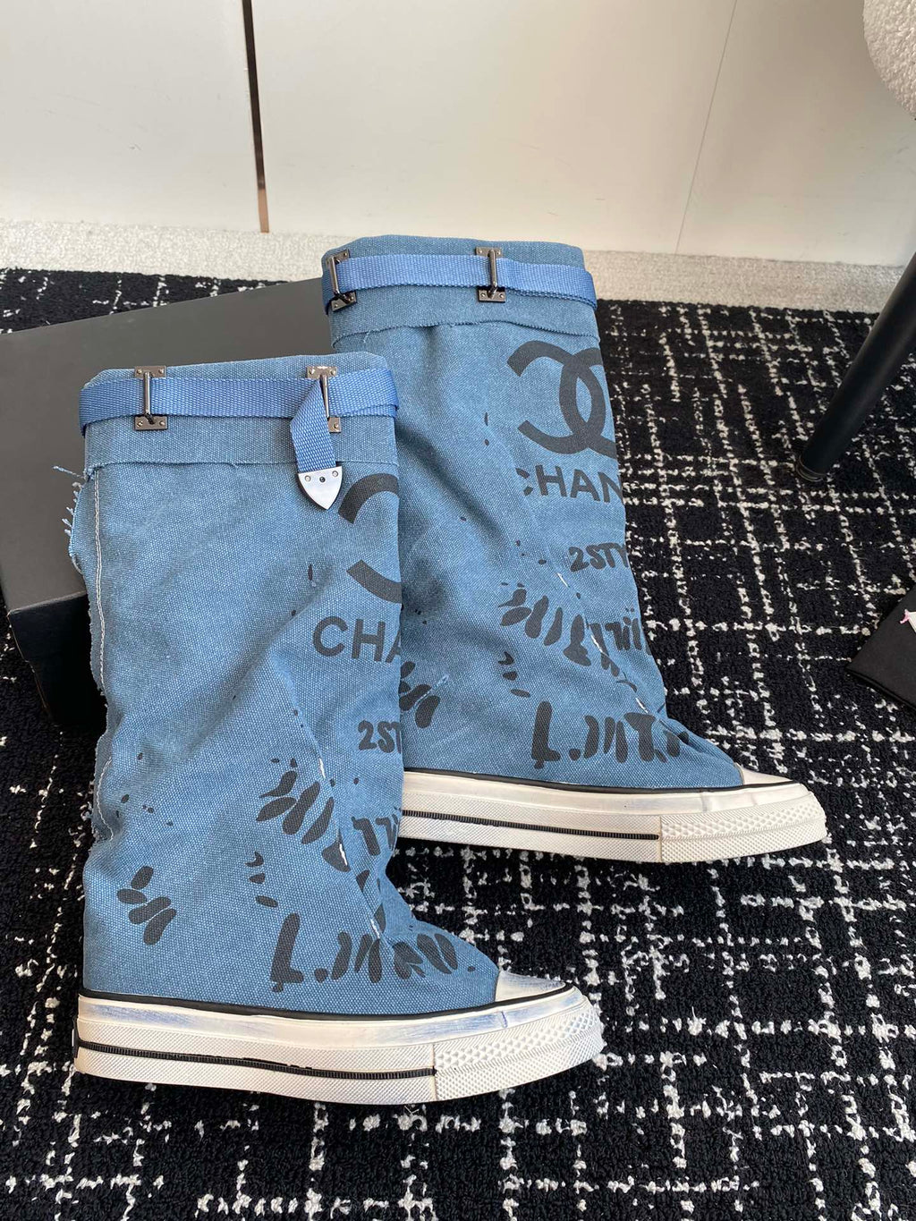 CHANEL HIGH BOOTS IN OCEAN BLUE CANVAS