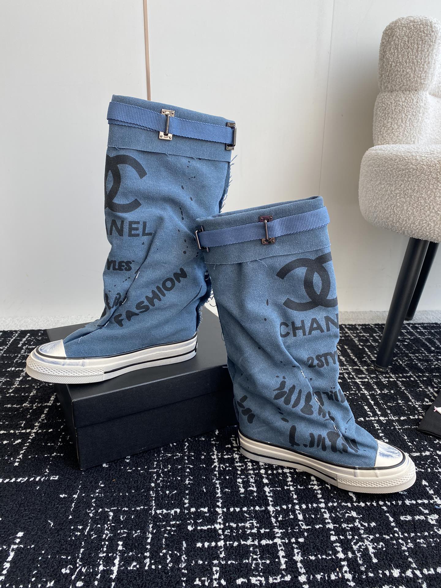 CHANEL HIGH BOOTS IN OCEAN BLUE CANVAS