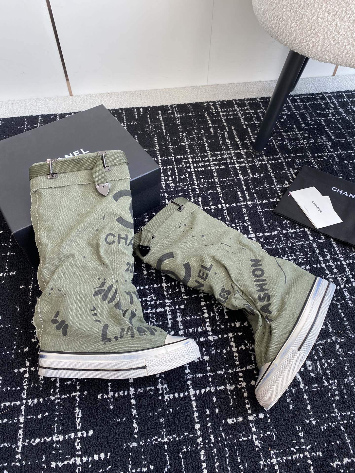 CHANEL HIGH BOOTS IN ARMY GREEN CANVAS