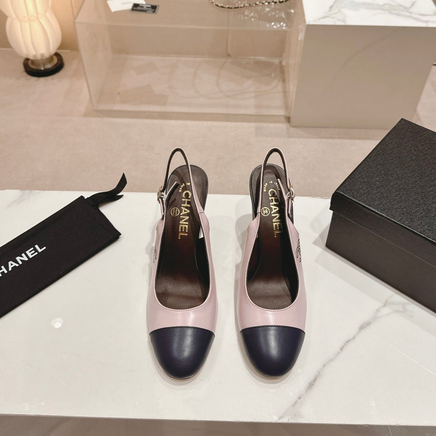 CHANEL HIGH SLINGBACKS LIGHT PINK MIX BLACK SHEEPSKIN