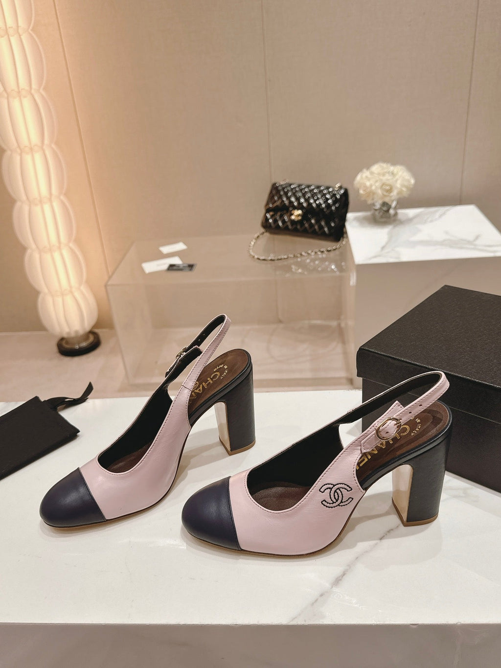 CHANEL HIGH SLINGBACKS LIGHT PINK MIX BLACK SHEEPSKIN