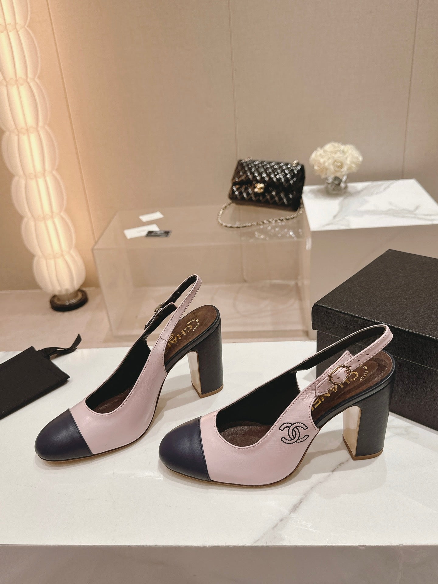 CHANEL HIGH SLINGBACKS LIGHT PINK MIX BLACK SHEEPSKIN