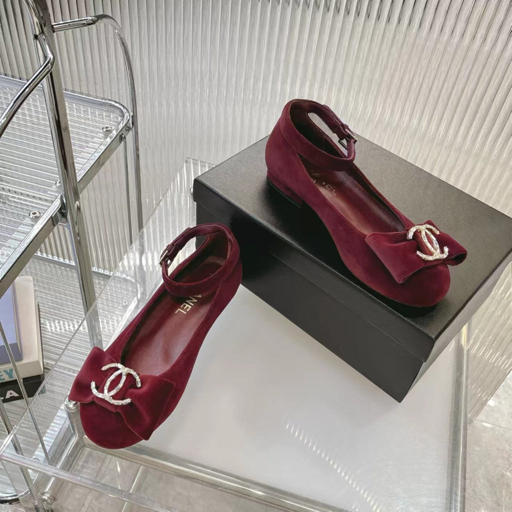CHANEL BOW MARY JANE SHOES IN GARNET RED VELVET