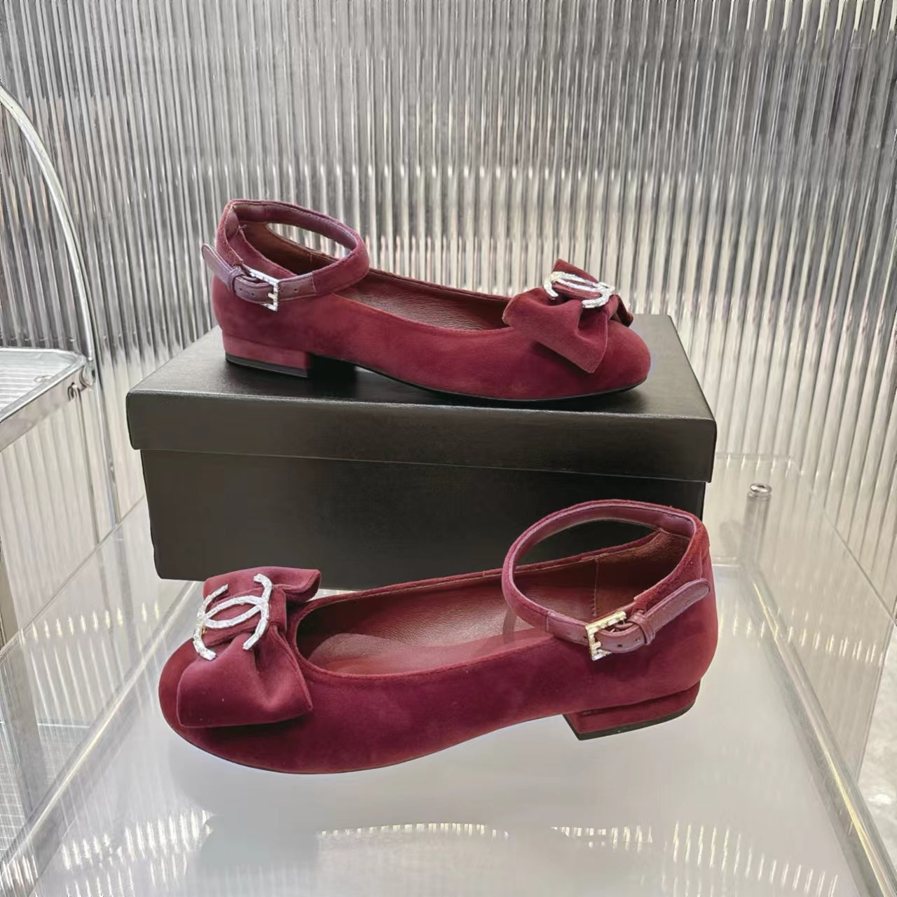 CHANEL BOW MARY JANE SHOES IN GARNET RED VELVET