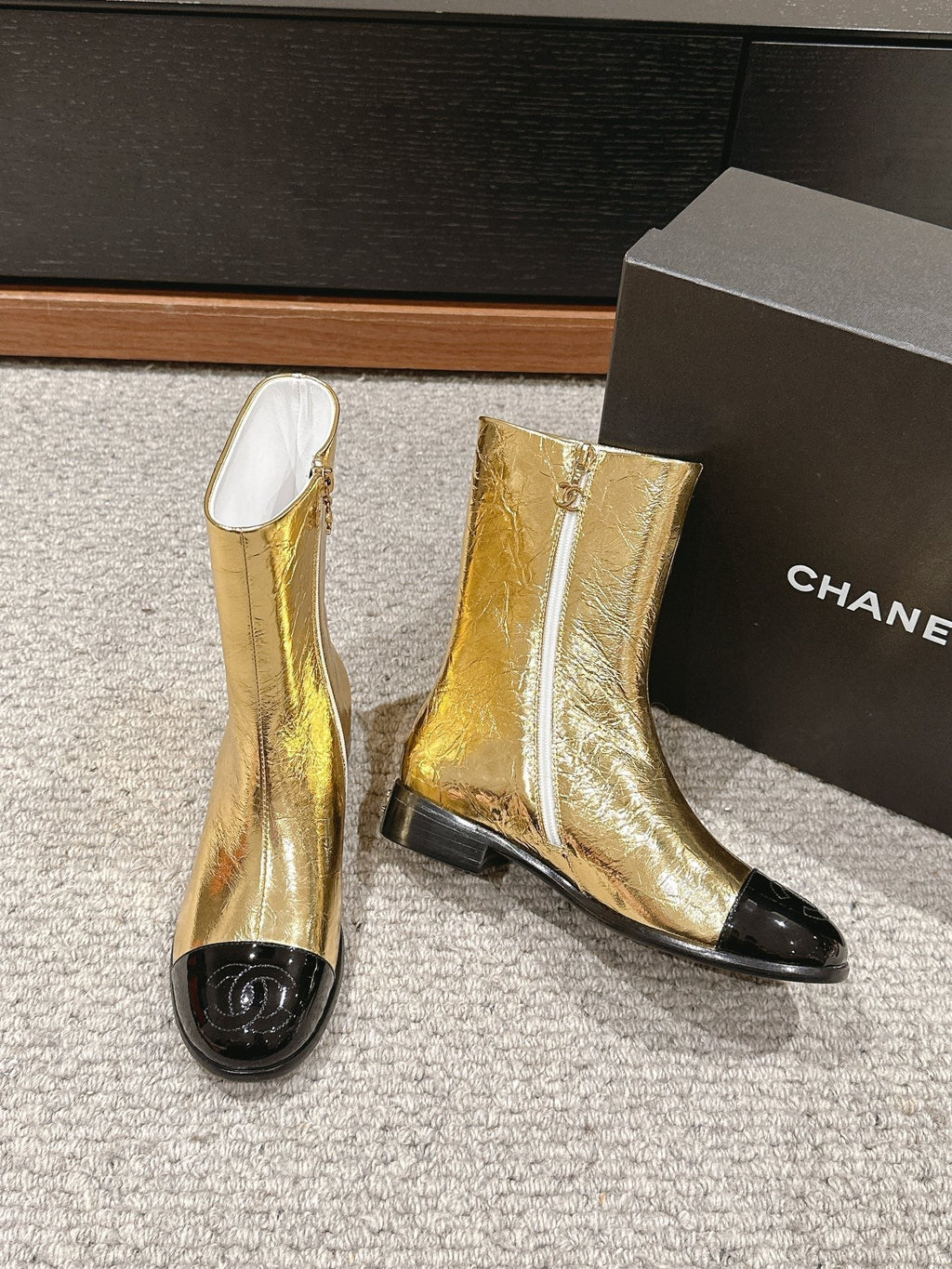 CHANEL SHORT BOOTS IN GOLDEN MIX BLACK LAMBSKIN