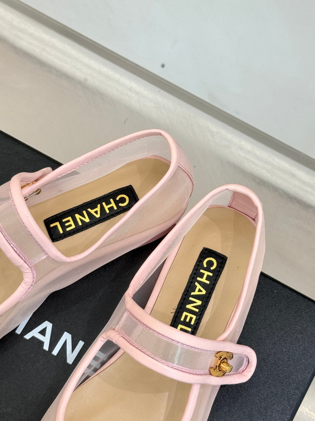 CHANEL FLAT SHOES IN PINK MESH AND BLACK LAMBSKIN