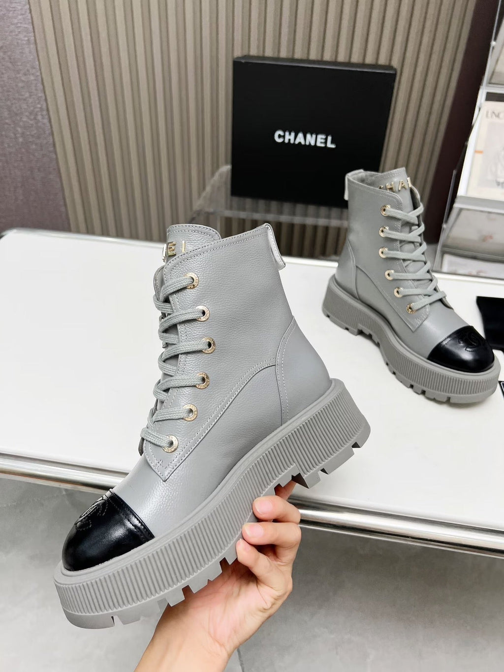 CHANEL SHORT BOOTS IN SLATE GREY MIX BLACK COWHIDE