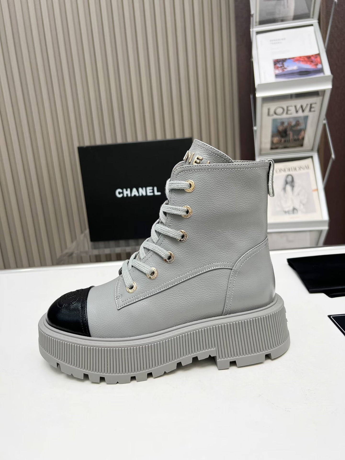 CHANEL SHORT BOOTS IN SLATE GREY MIX BLACK COWHIDE