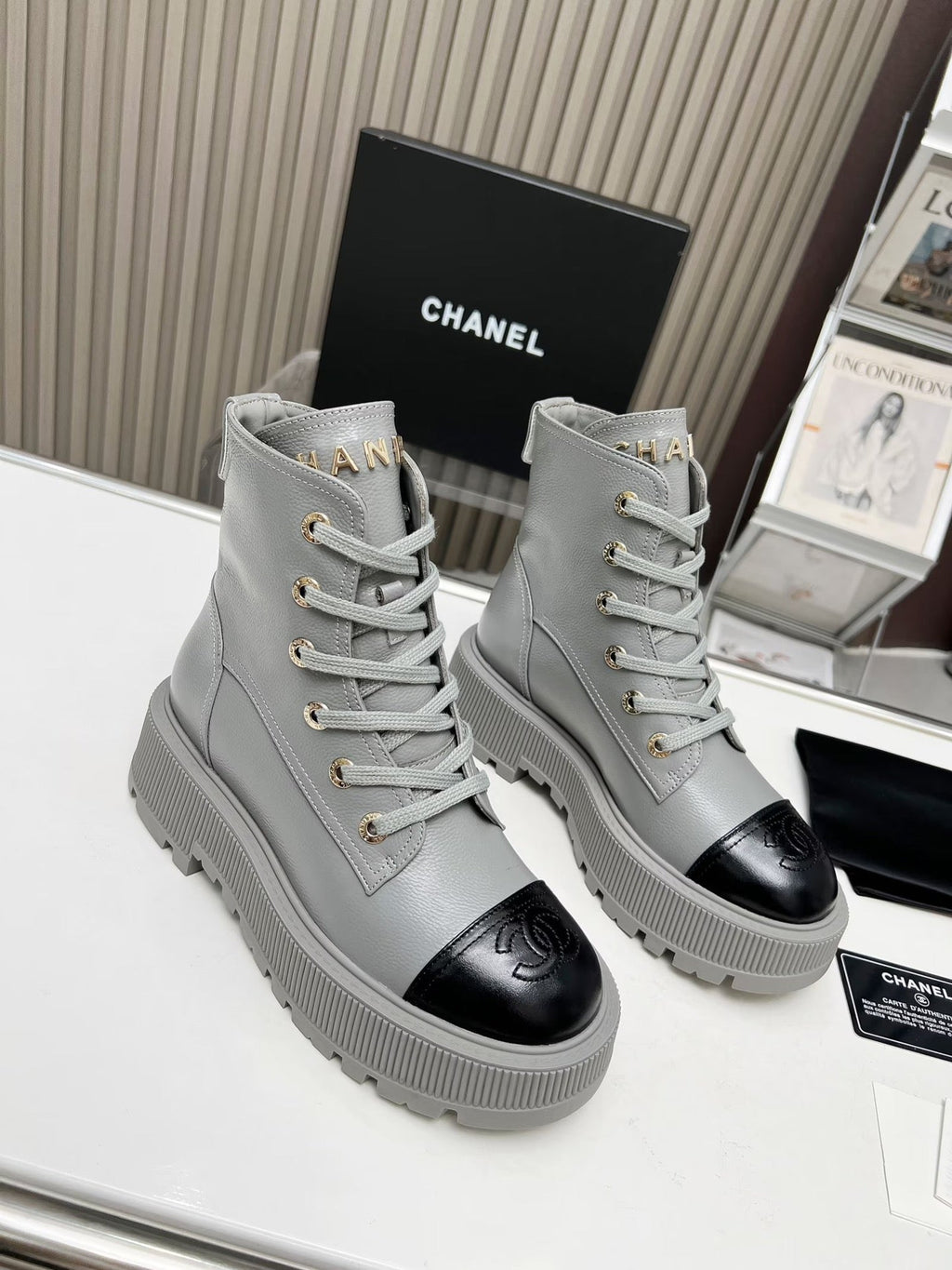 CHANEL SHORT BOOTS IN SLATE GREY MIX BLACK COWHIDE