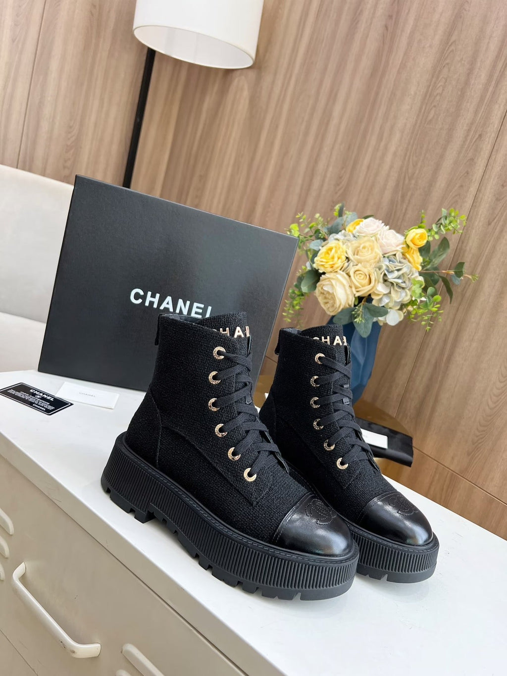 CHANEL SHORT BOOTS IN BLACK TWEED AND CALFSKIN