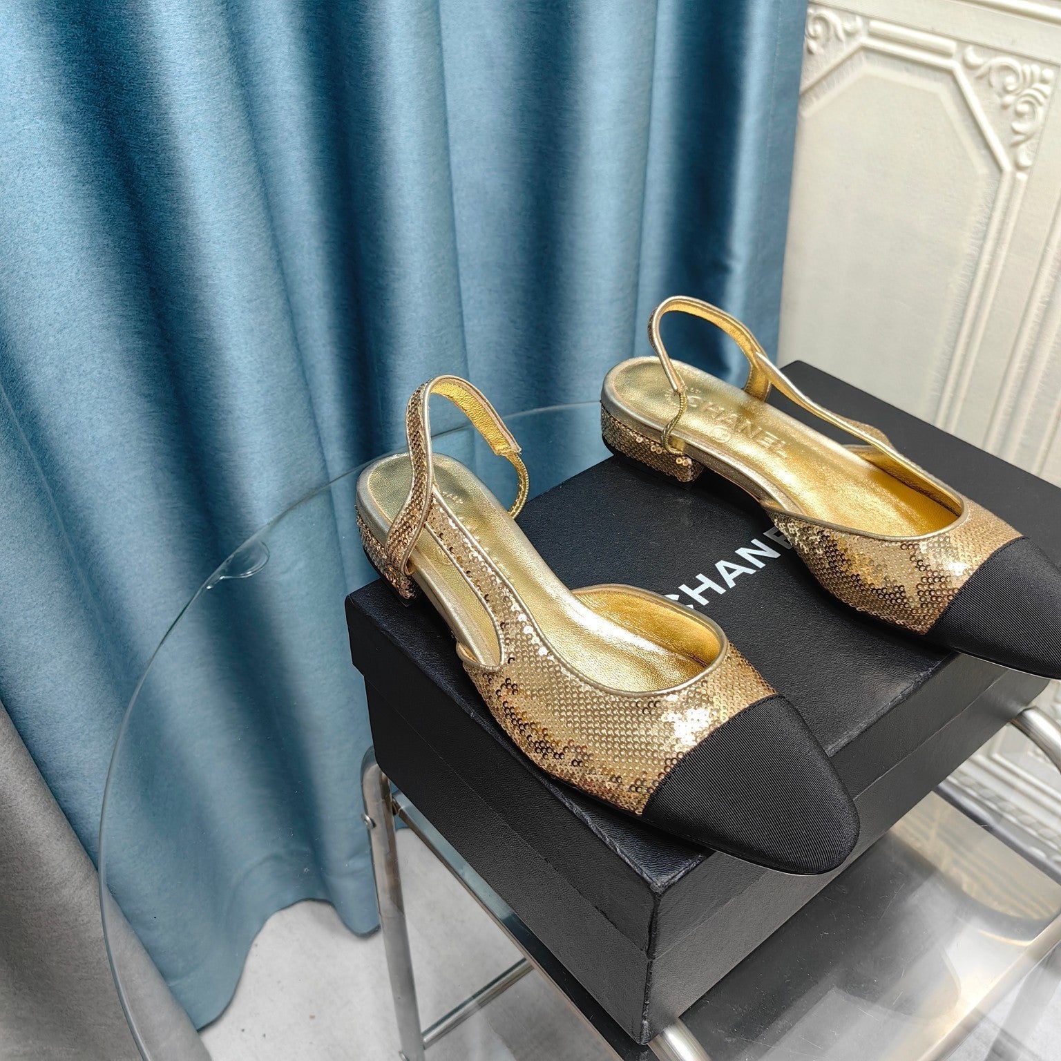 CHANEL SLINGBACKS IN GLITTER GOLDEN LAMBSKIN