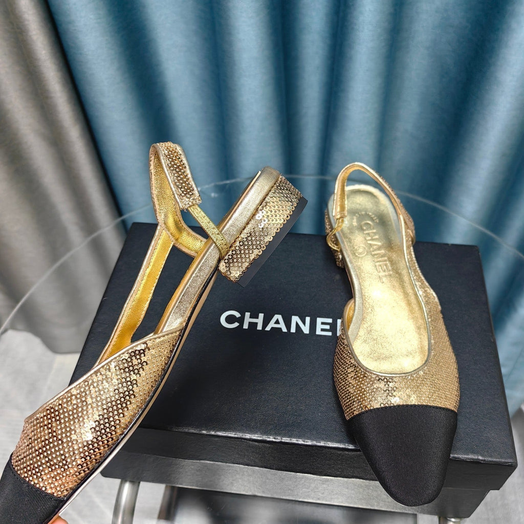 CHANEL SLINGBACKS IN GLITTER GOLDEN LAMBSKIN