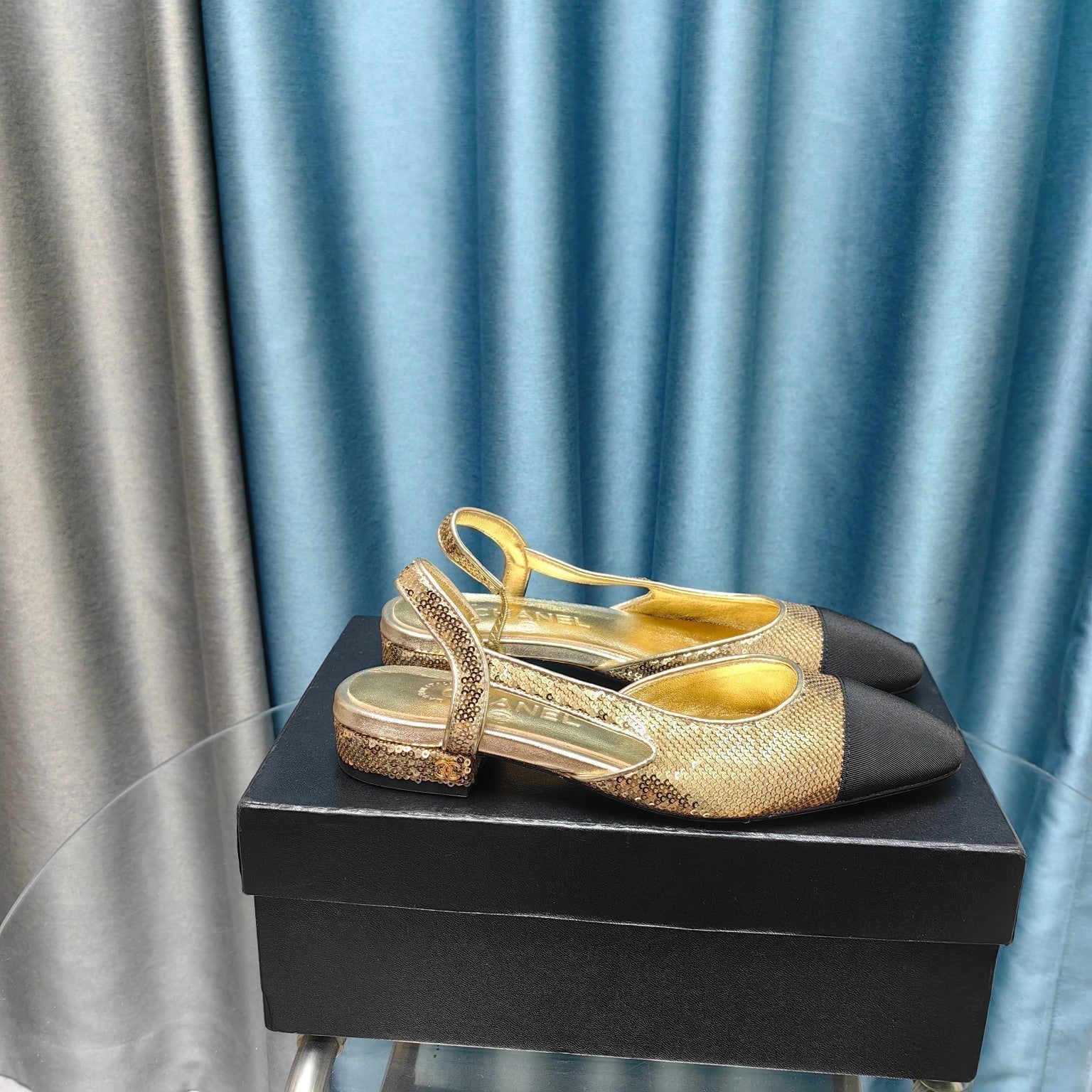 CHANEL SLINGBACKS IN GLITTER GOLDEN LAMBSKIN