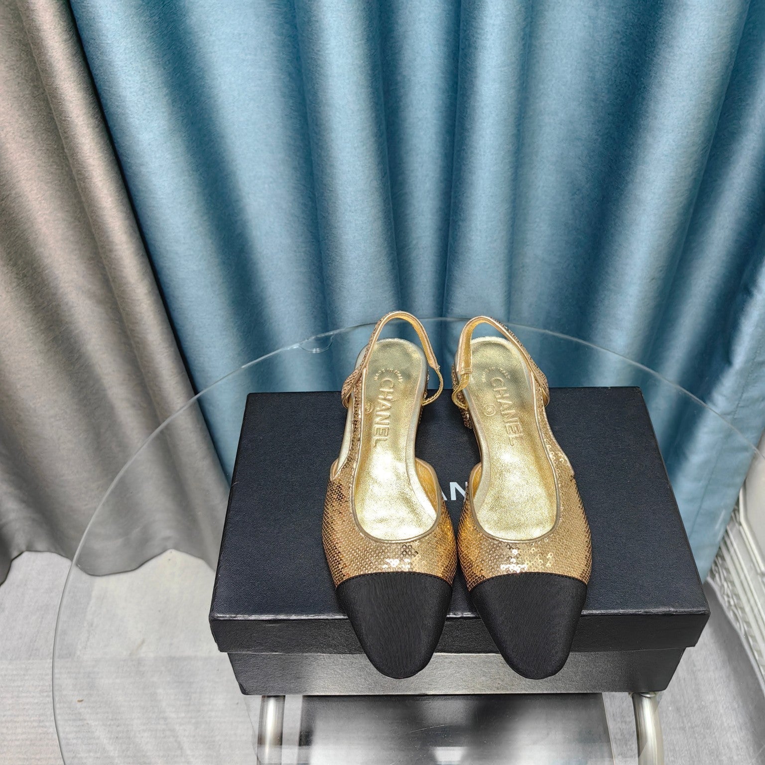 CHANEL SLINGBACKS IN GLITTER GOLDEN LAMBSKIN