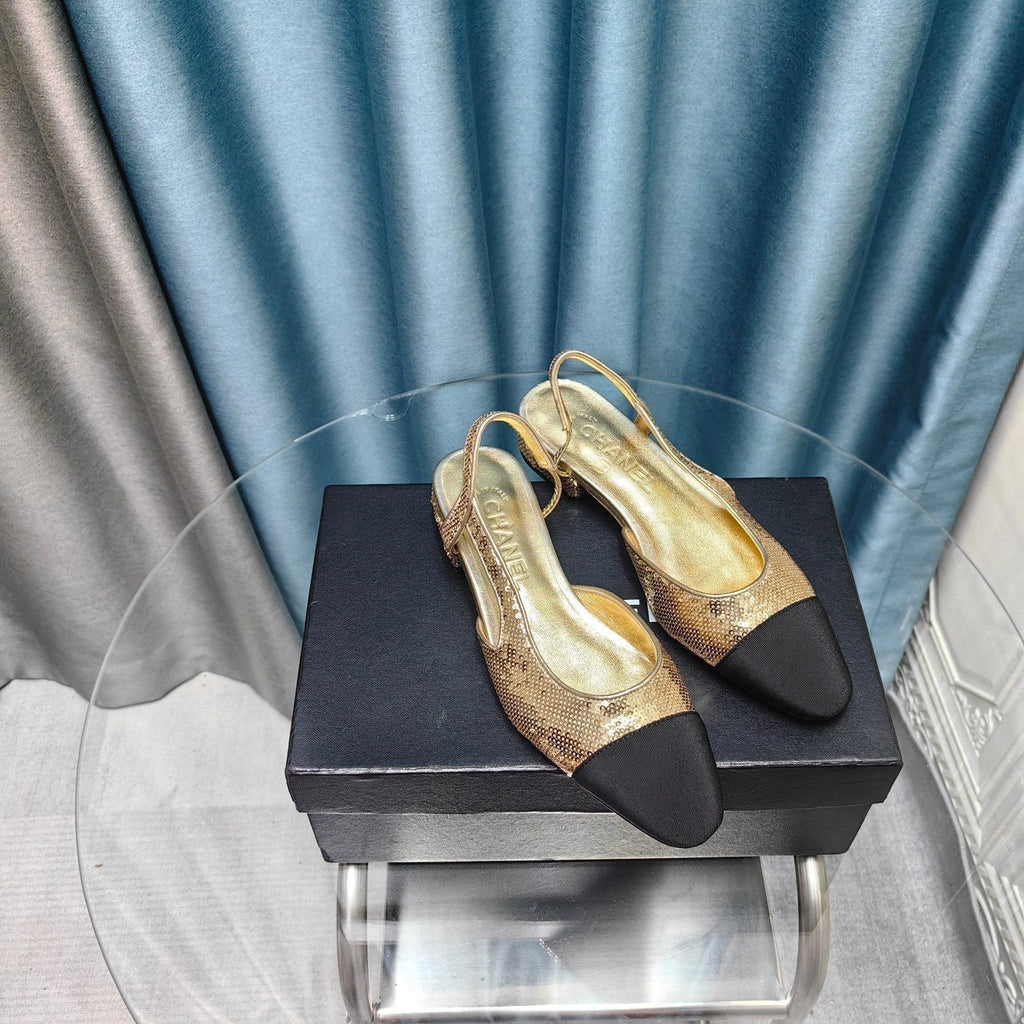 CHANEL SLINGBACKS IN GLITTER GOLDEN LAMBSKIN