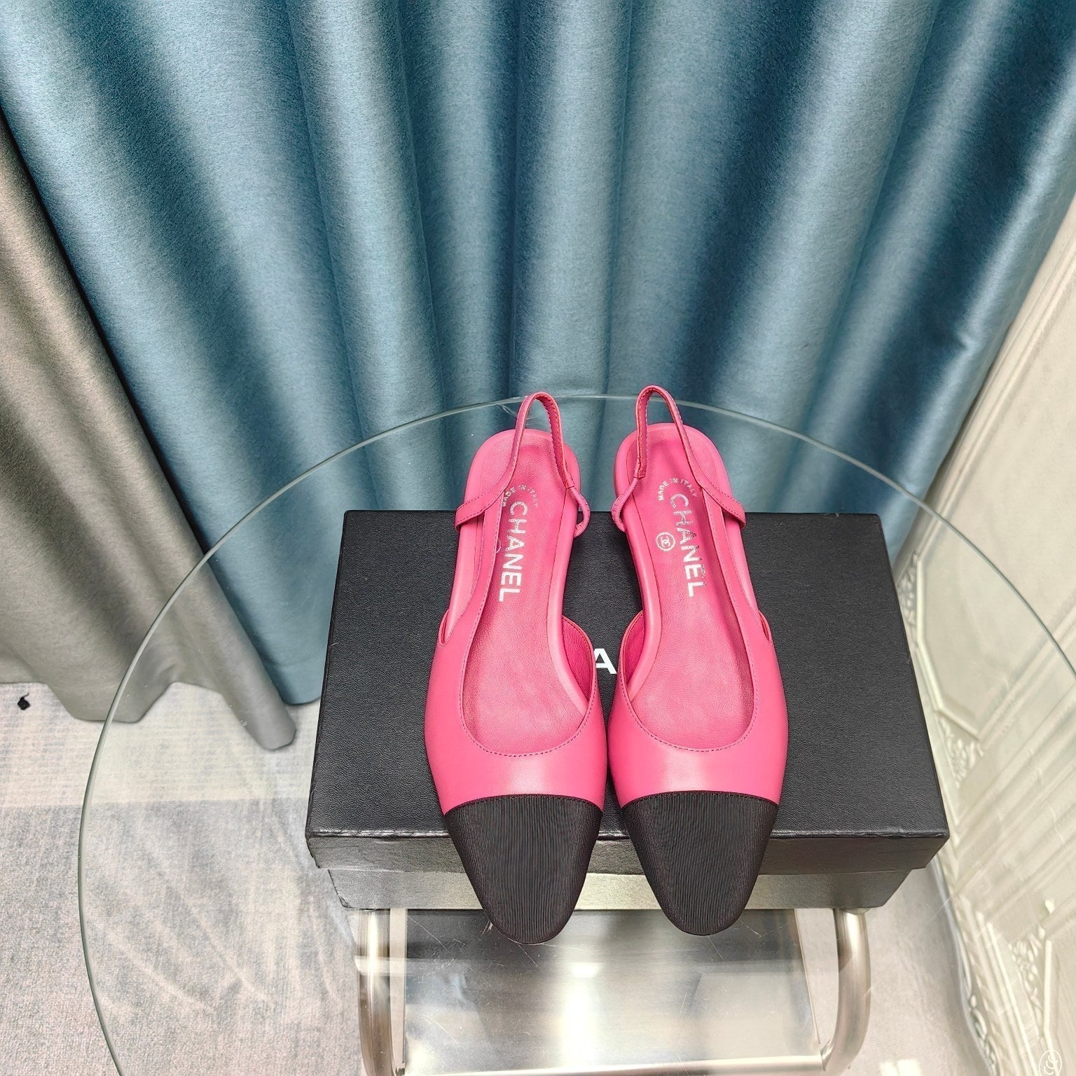 CHANEL SLINGBACKS IN BARBIE PINK MIX BLACK LAMBSKIN