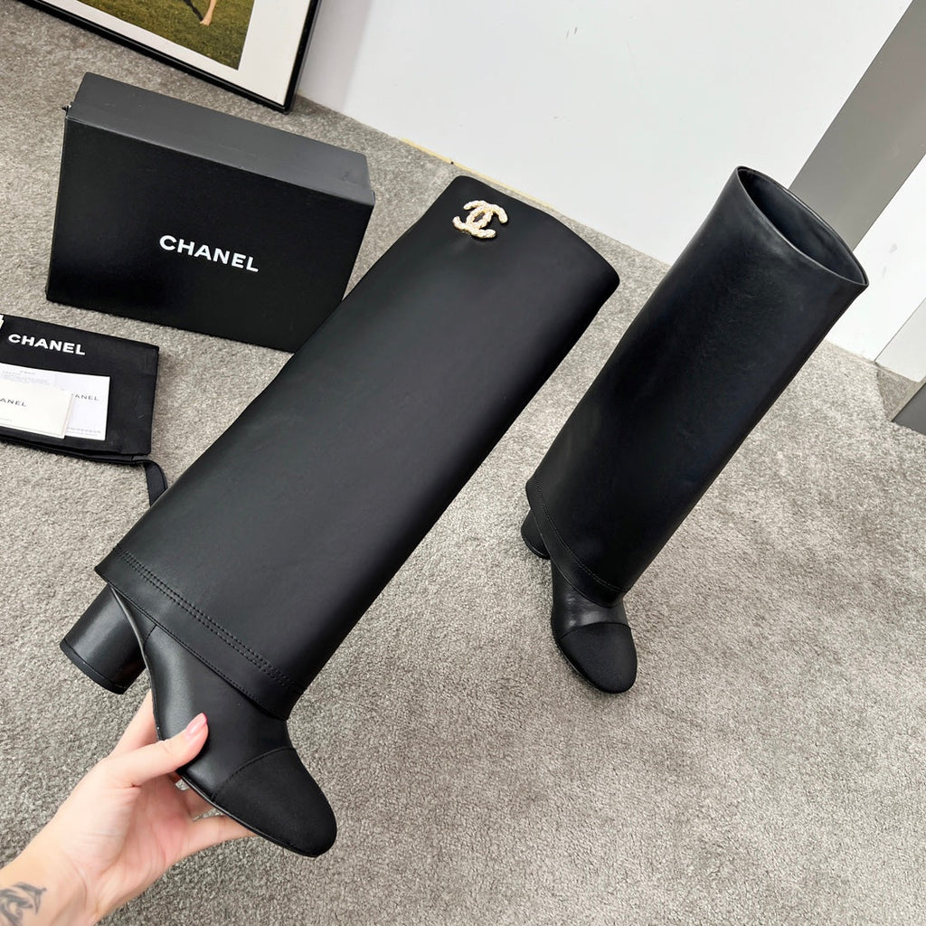 CHANEL 25S HIGH BOOTS 55MM IN BLACK CALFSKIN AND CANVAS GOLD HARDWARE