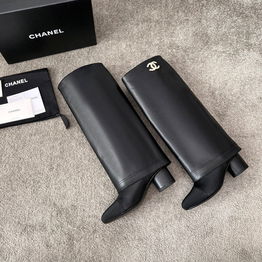 CHANEL 25S HIGH BOOTS 55MM IN BLACK CALFSKIN AND CANVAS GOLD HARDWARE