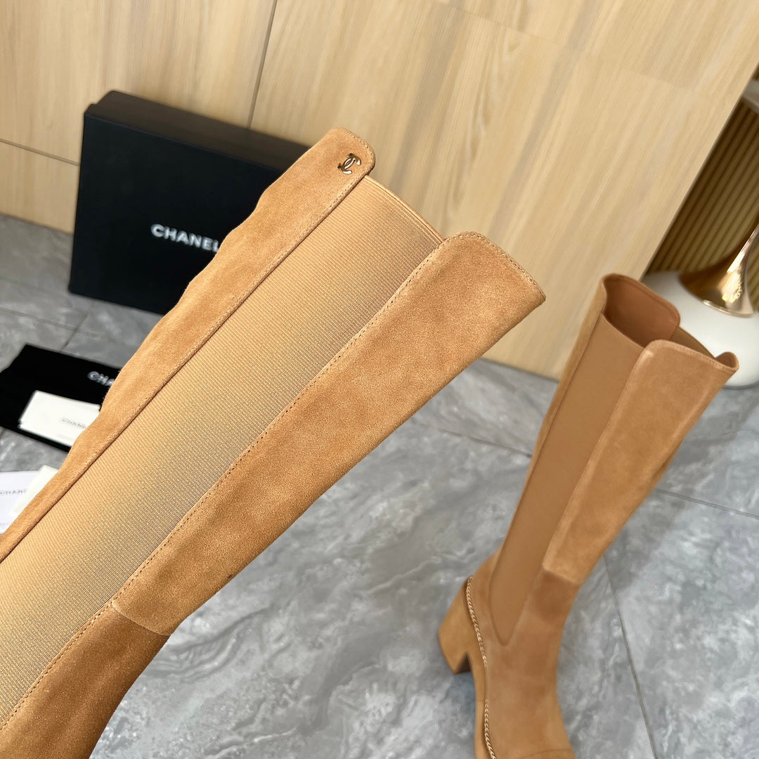 CHANEL 25S HIGH BOOTS STRETCHY SHAFT 85MM IN CARAMEL SUEDE GOLD HARDWARE