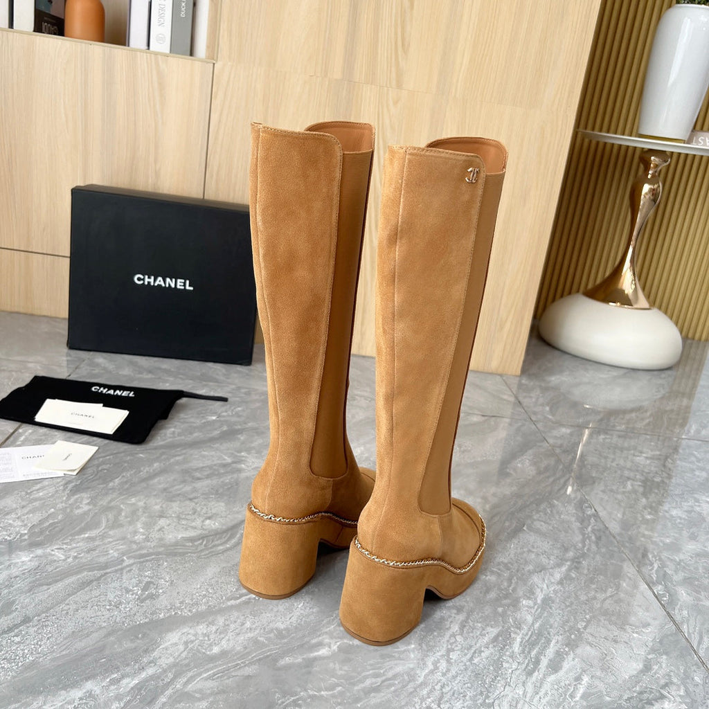 CHANEL 25S HIGH BOOTS STRETCHY SHAFT 85MM IN CARAMEL SUEDE GOLD HARDWARE