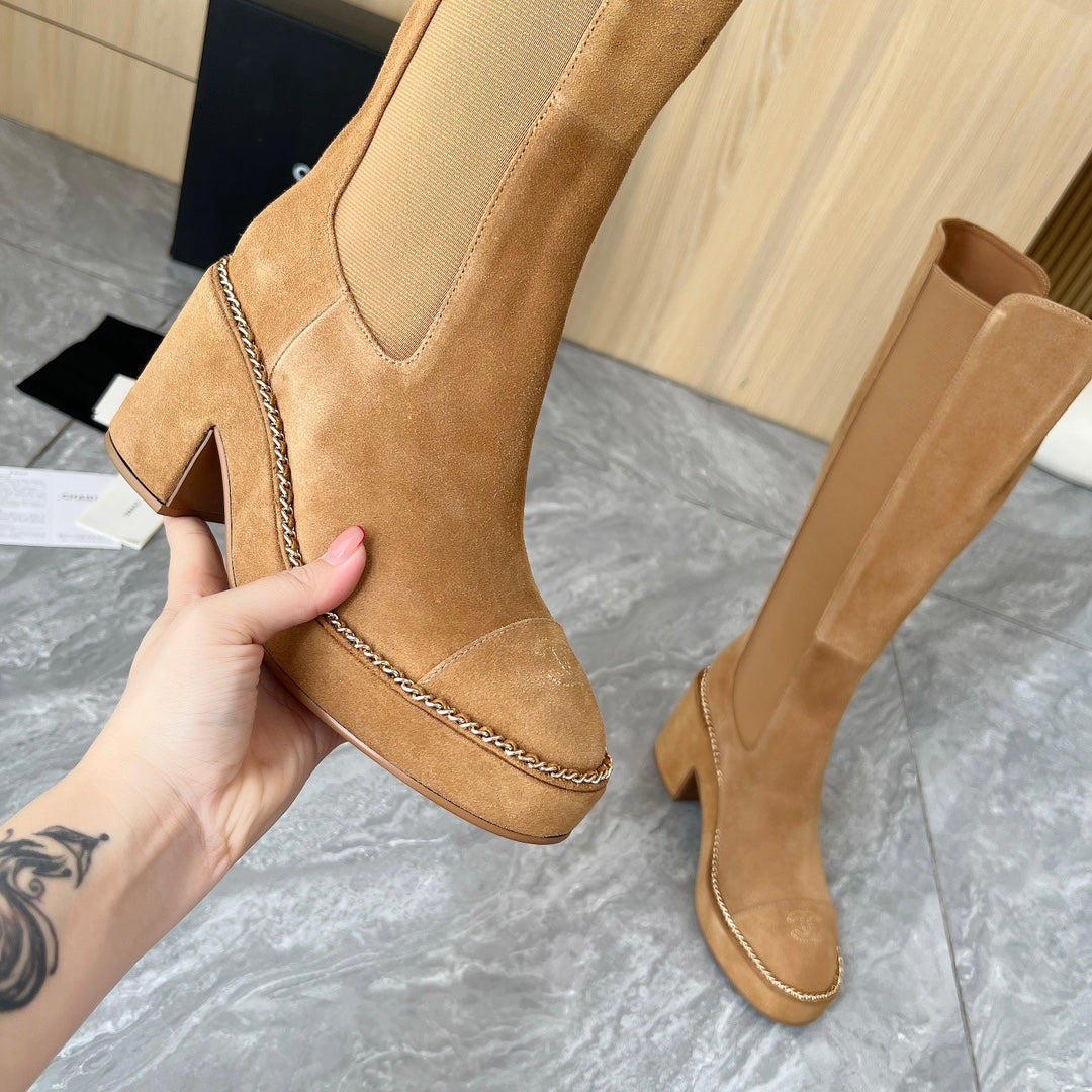 CHANEL 25S HIGH BOOTS STRETCHY SHAFT 85MM IN CARAMEL SUEDE GOLD HARDWARE