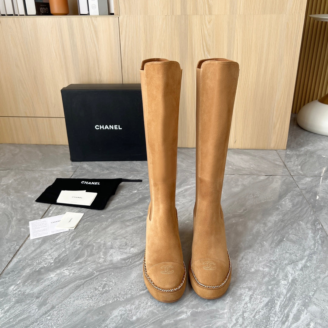 CHANEL 25S HIGH BOOTS STRETCHY SHAFT 85MM IN CARAMEL SUEDE GOLD HARDWARE