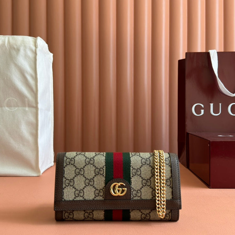 GUCCI OPHIDIA WALLET ON GOLD CHAIN 19 IN BEIGE AND DARK BROWN CANVAS AND BROWN CALFSKIN