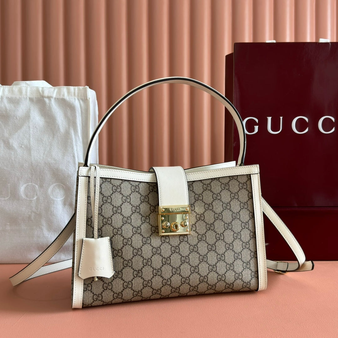 GUCCI 26S PADLOCK SHOULDER BAG 29 IN DARK BEIGE AND WHITE CALFSKIN