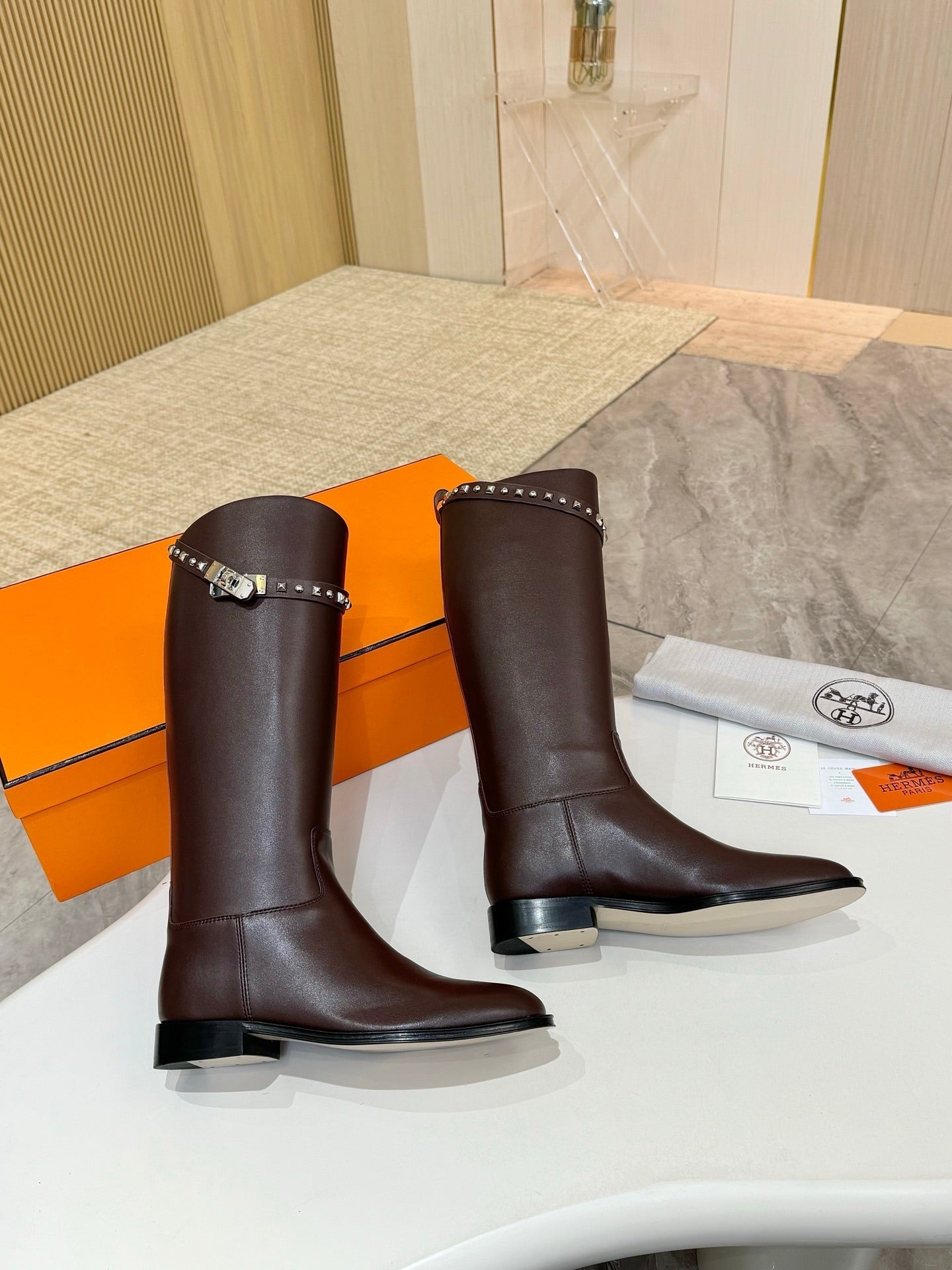 HERMES 25S KNEE-HIGH FLAT BOOTS IN DARK BROWN LAMBSKIN WITH SILVER HARDWARE
