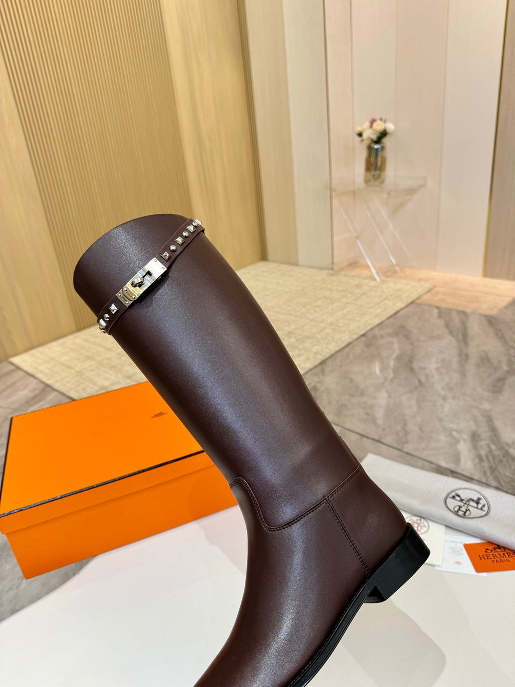 HERMES 25S KNEE-HIGH FLAT BOOTS IN DARK BROWN LAMBSKIN WITH SILVER HARDWARE