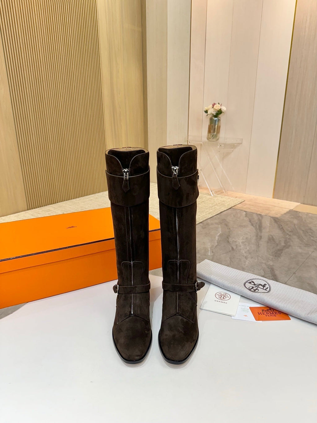 HERMES 25S RIDING BOOTS IN DARK COFFEE BROWN SUEDE WITH SILVER HARDWARE
