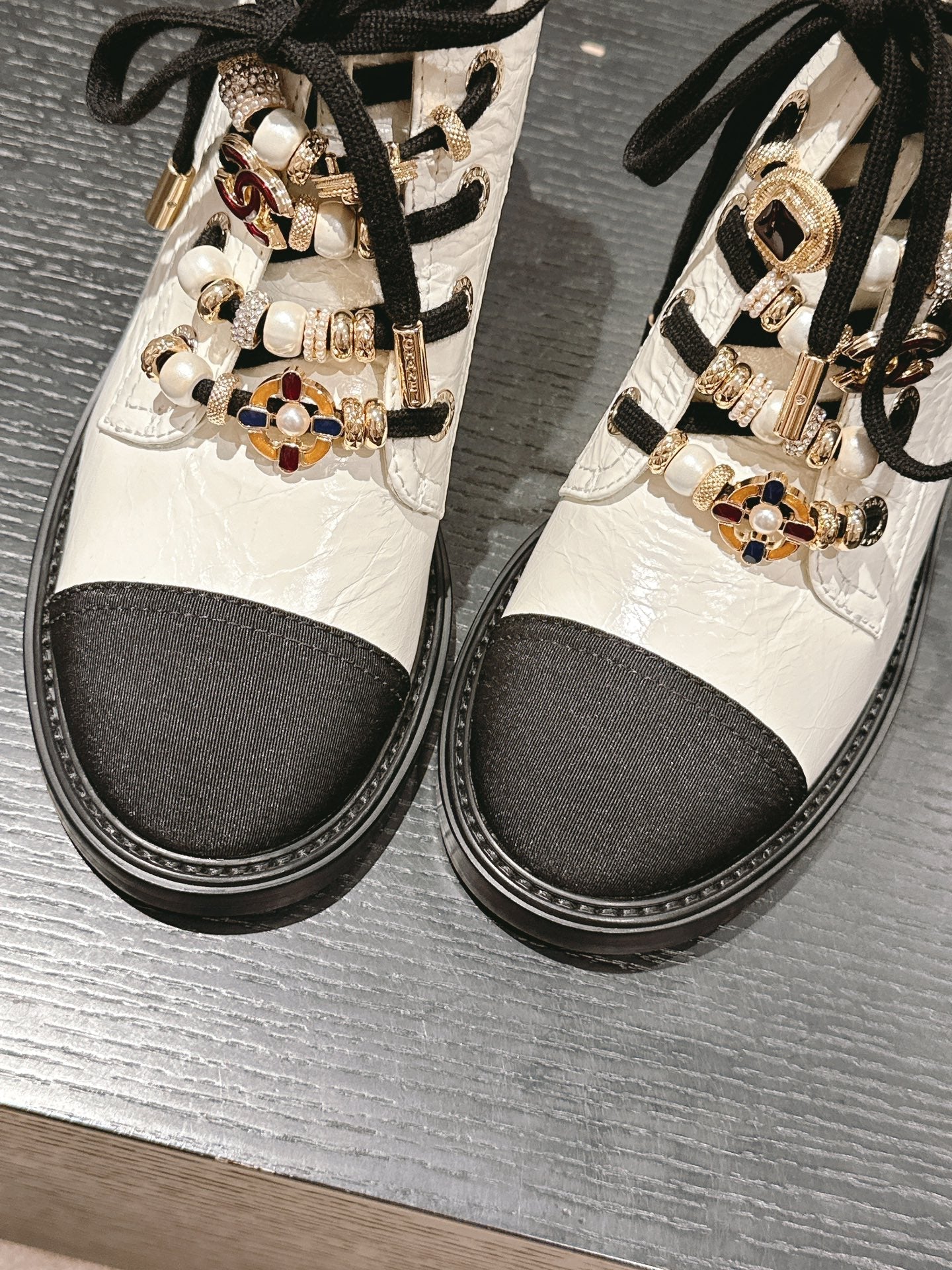 CHANEL OXFORD SHORT BOOTS WHITE MIX BLACK SHEEPSKIN