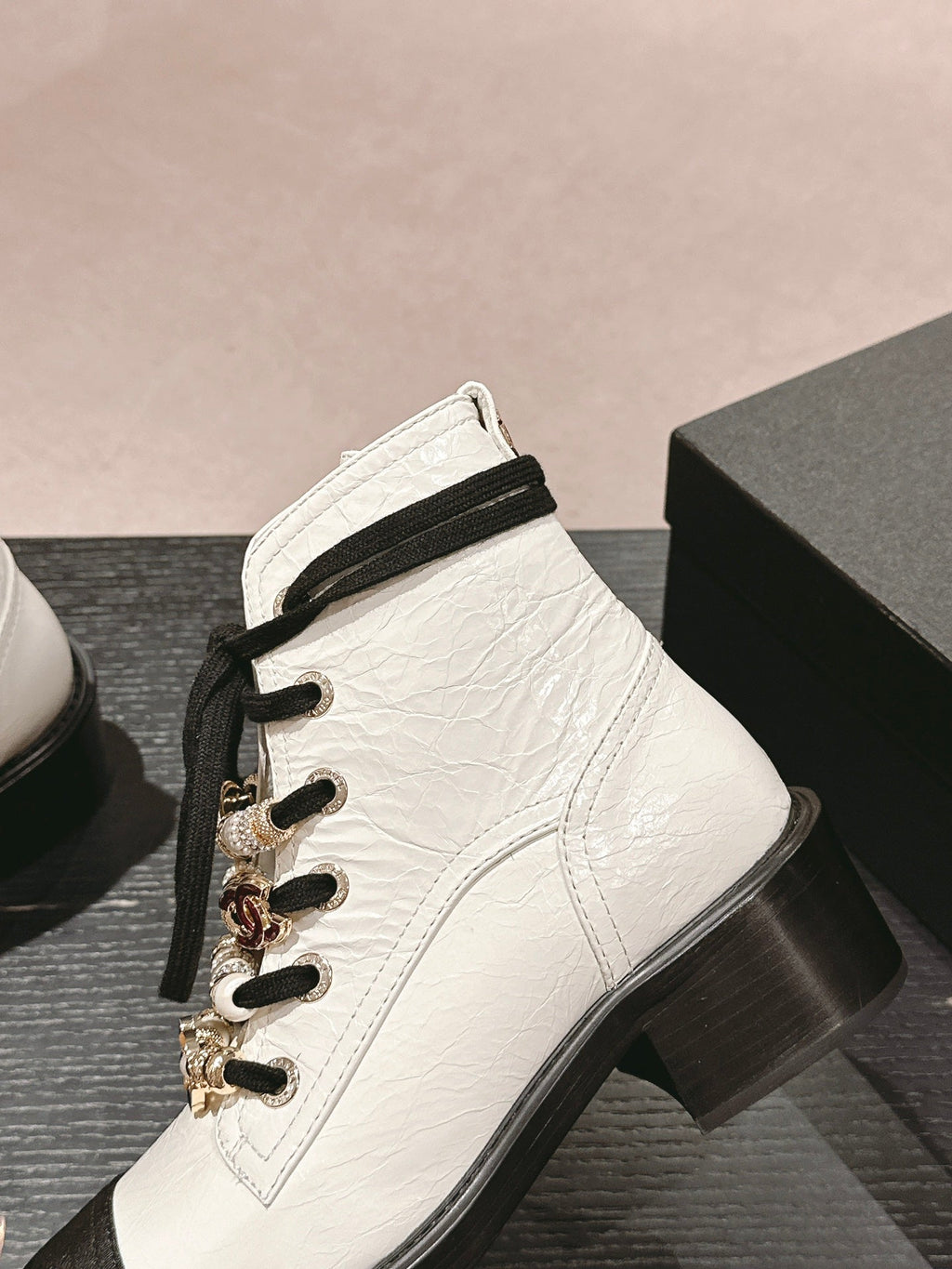 CHANEL OXFORD SHORT BOOTS WHITE MIX BLACK SHEEPSKIN