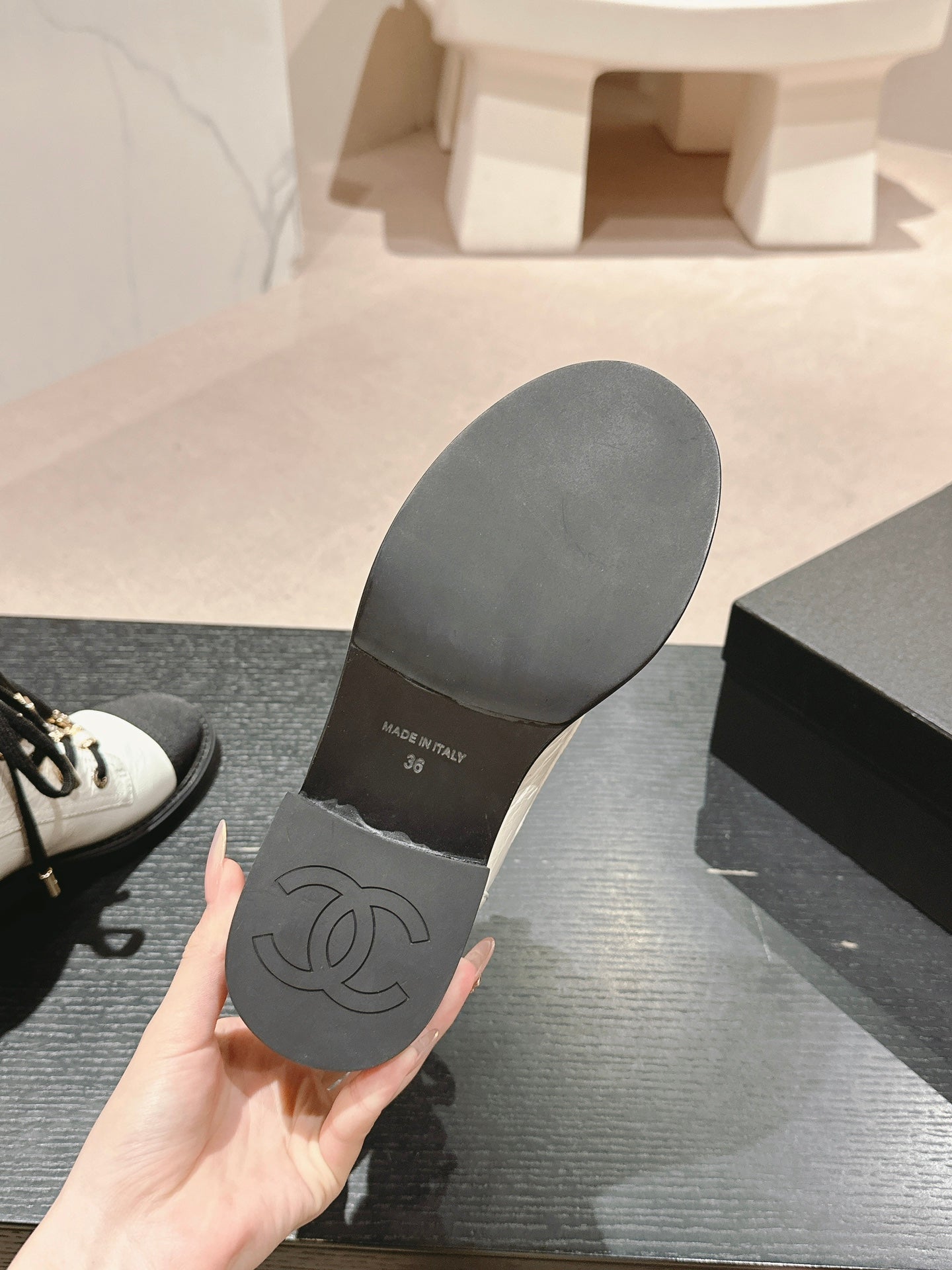 CHANEL OXFORD SHORT BOOTS WHITE MIX BLACK SHEEPSKIN