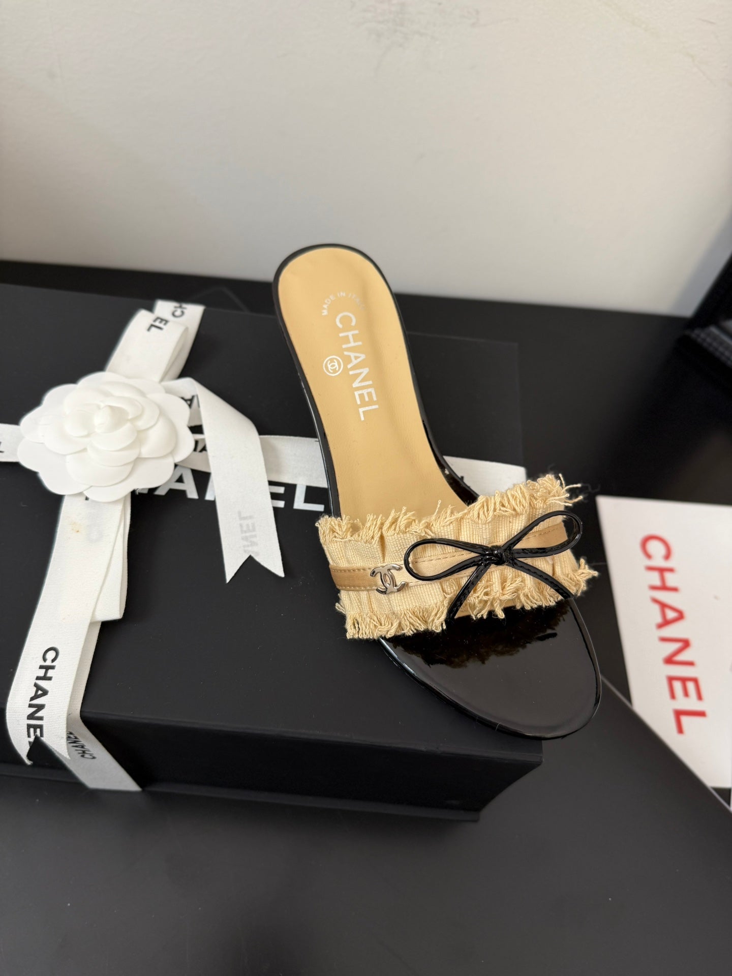 CHANEL SAND YELLOW GROSGRAIN CANVAS BOW MULE SANDALS 65 MM