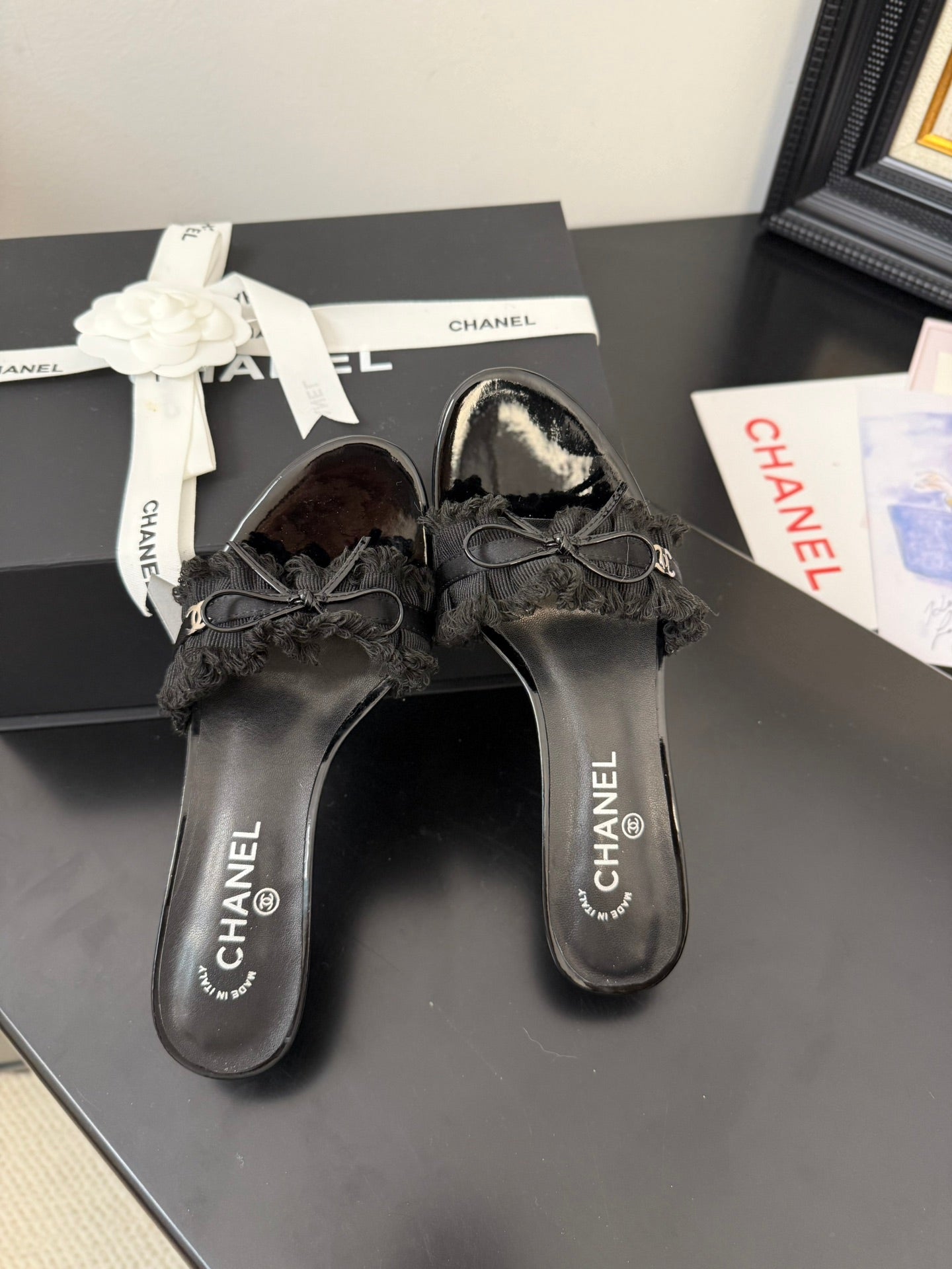 CHANEL BLACK GROSGRAIN CANVAS BOW MULE SANDALS 65 MM