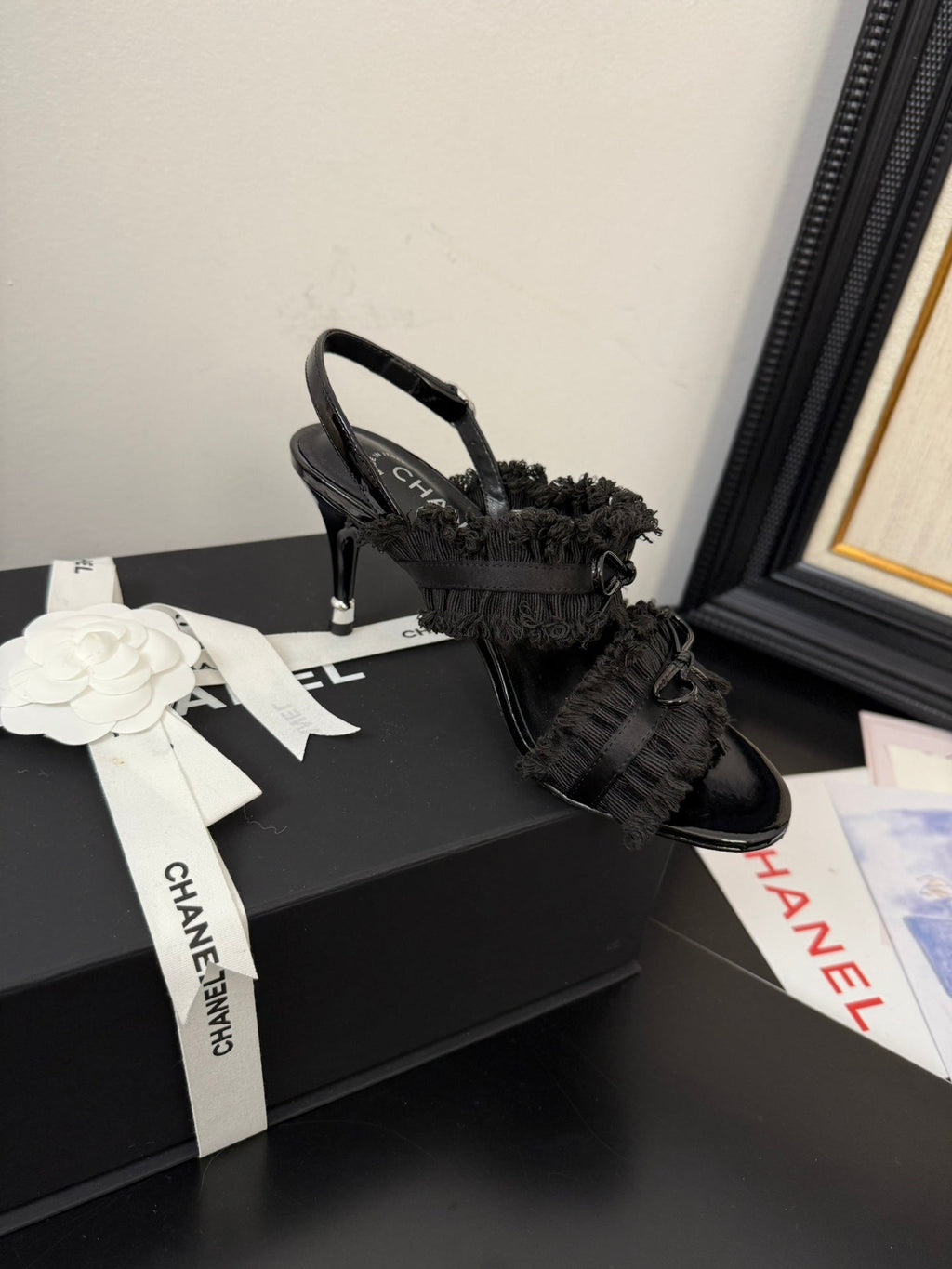 CHANEL BLACK GROSGRAIN CANVAS BOW SLINGBACK SANDALS