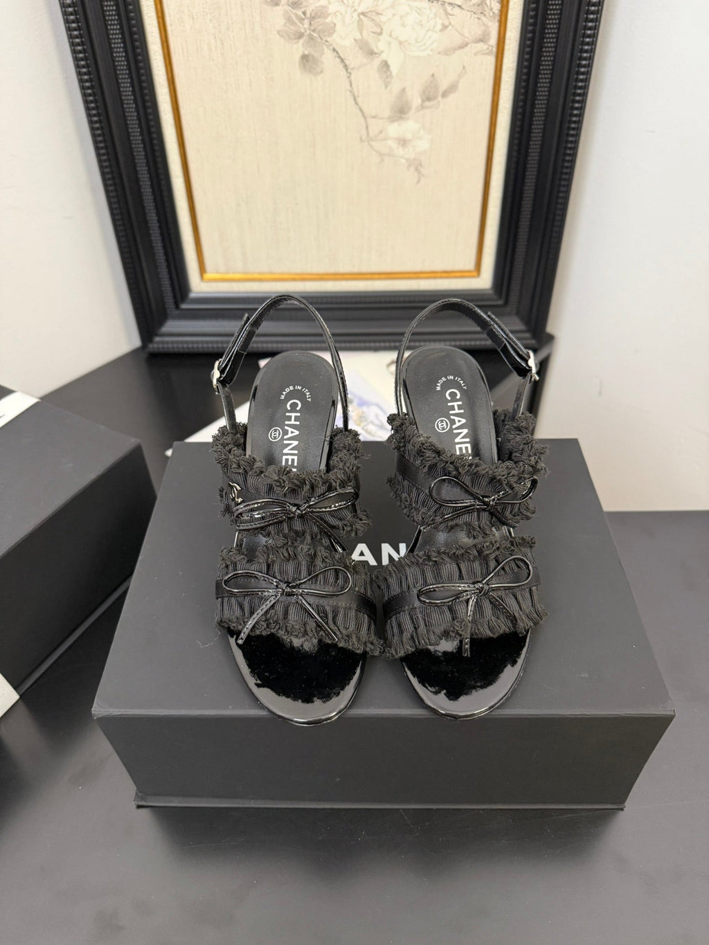 CHANEL BLACK GROSGRAIN CANVAS BOW SLINGBACK SANDALS