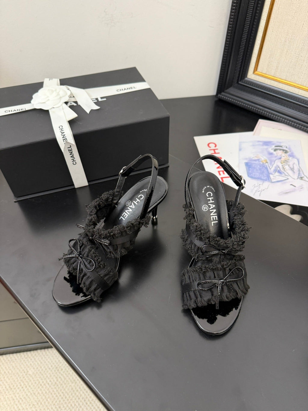 CHANEL BLACK GROSGRAIN CANVAS BOW SLINGBACK SANDALS