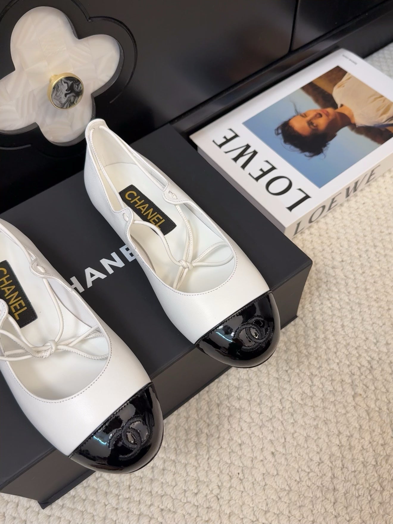 CHANEL FLAT MARY JANE PUMPS IN WHITE MIX BLACK LAMBSKIN