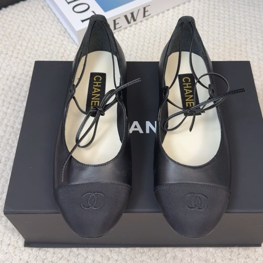 CHANEL FLAT MARY JANE PUMPS BLACK LAMBSKIN