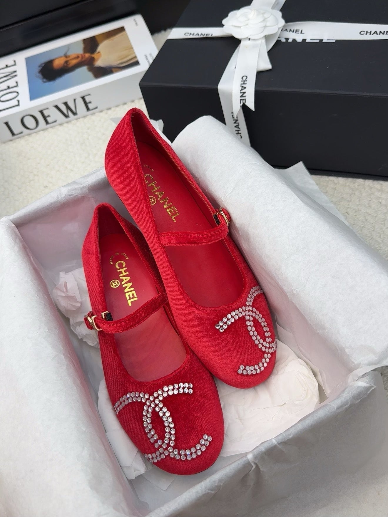 CHANEL MARY JANE SHOES IN CHERRY RED VELVET WITH CRYSTALS LOGO