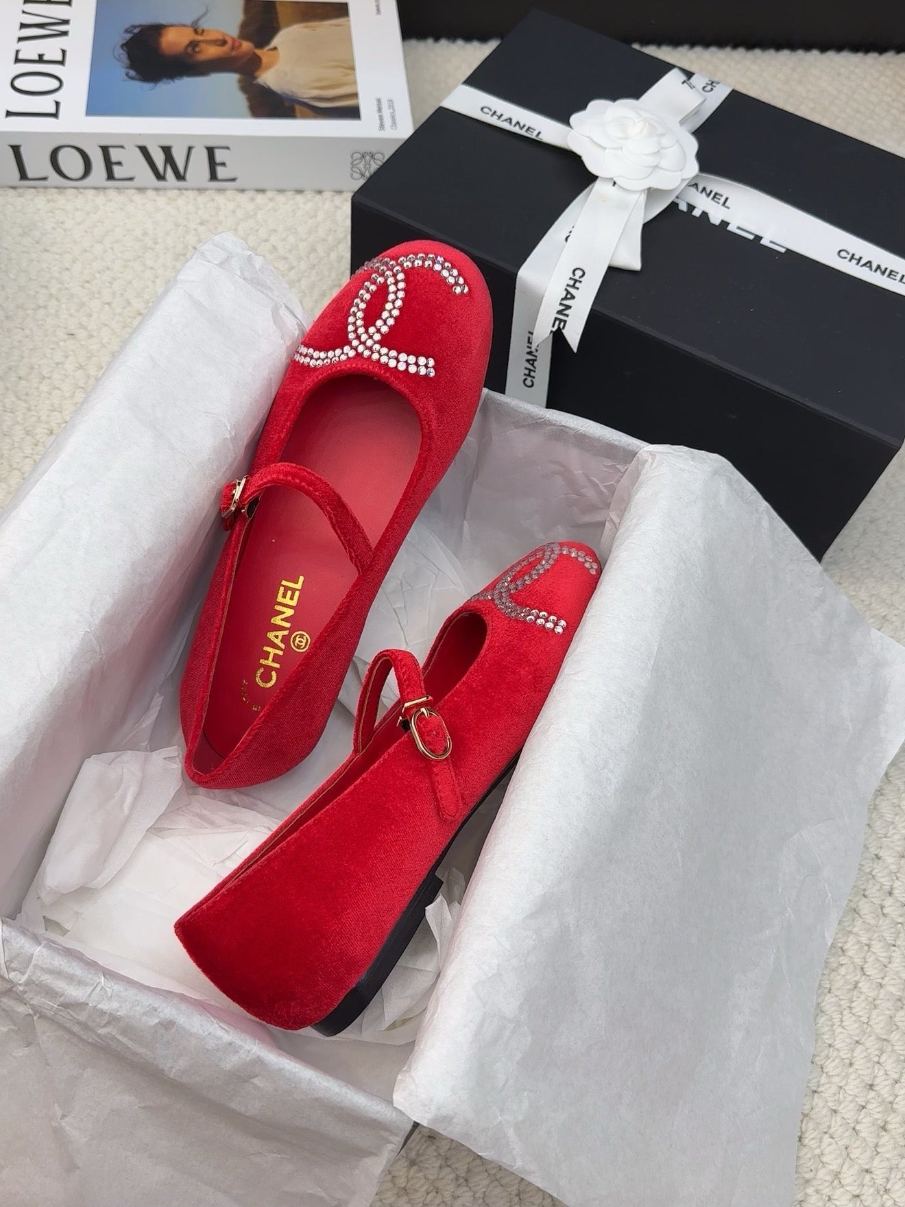 CHANEL MARY JANE SHOES IN CHERRY RED VELVET WITH CRYSTALS LOGO