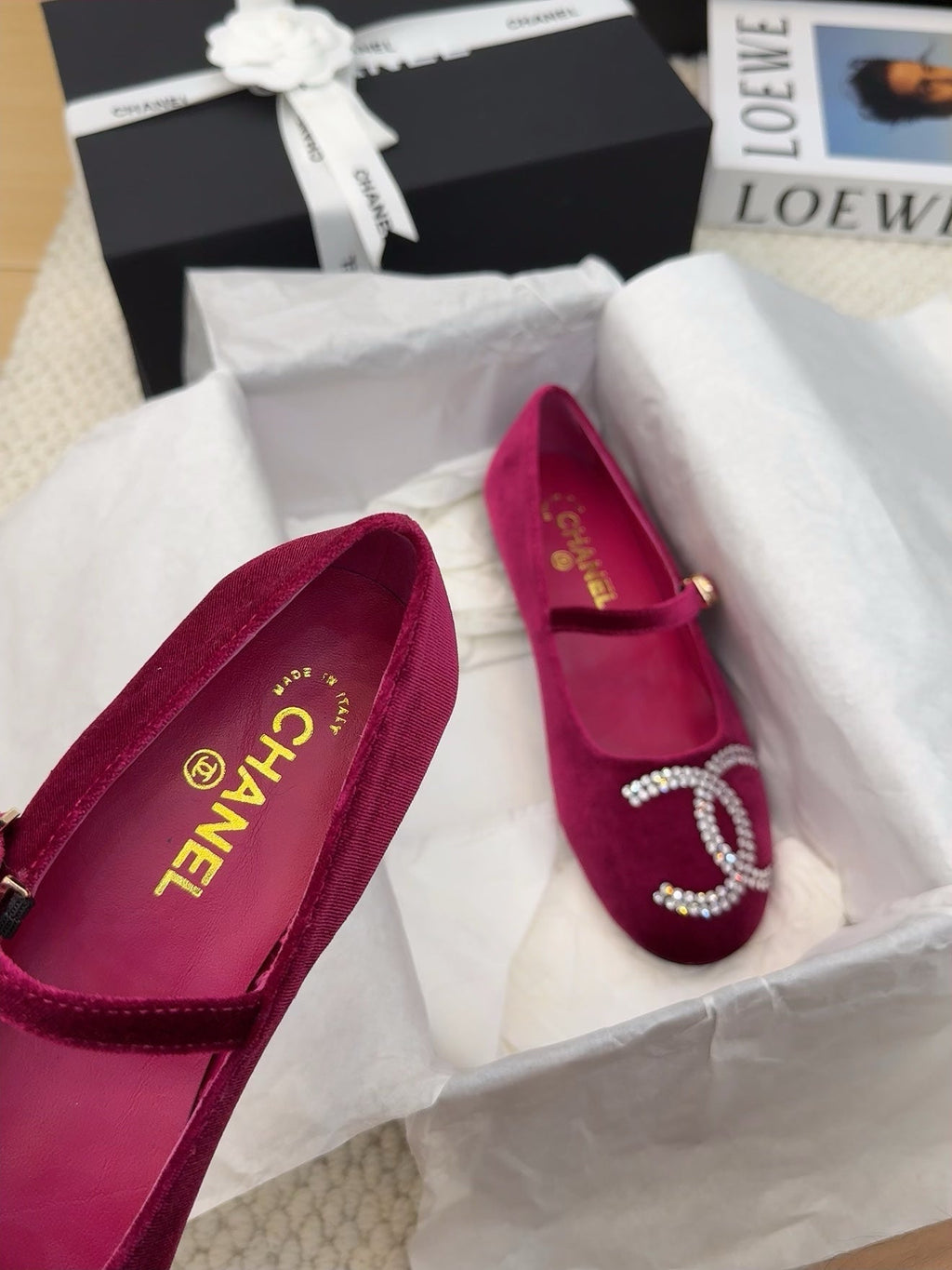 CHANEL MARY JANE SHOES IN JAM PURPLE VELVET WITH CRYSTALS LOGO