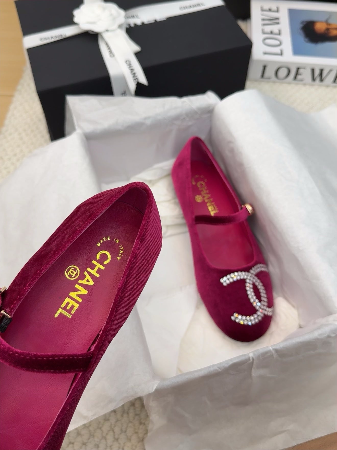 CHANEL MARY JANE SHOES IN JAM PURPLE VELVET WITH CRYSTALS LOGO