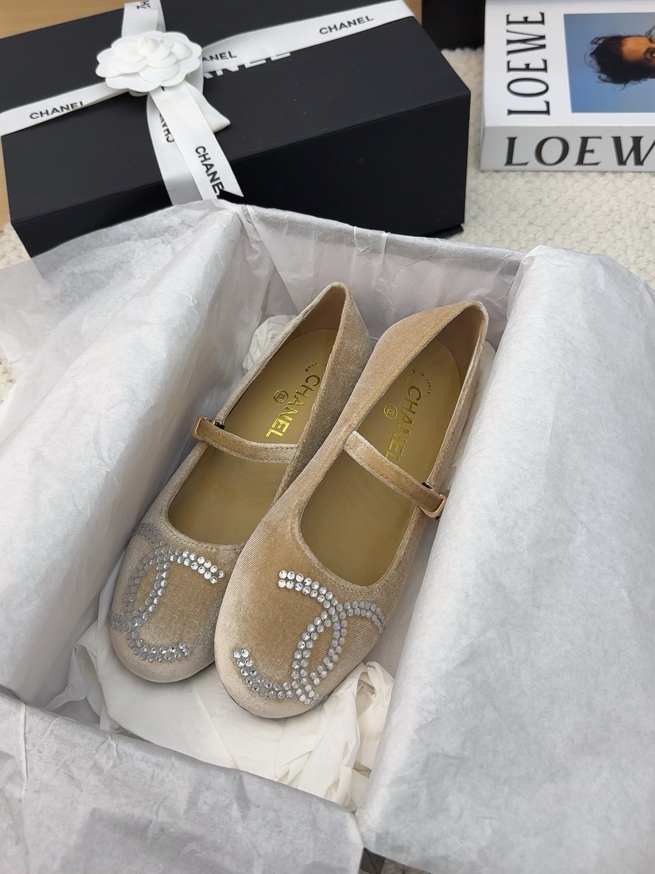 CHANEL MARY JANE SHOES IN SAND BROWN VELVET WITH CRYSTALS LOGO